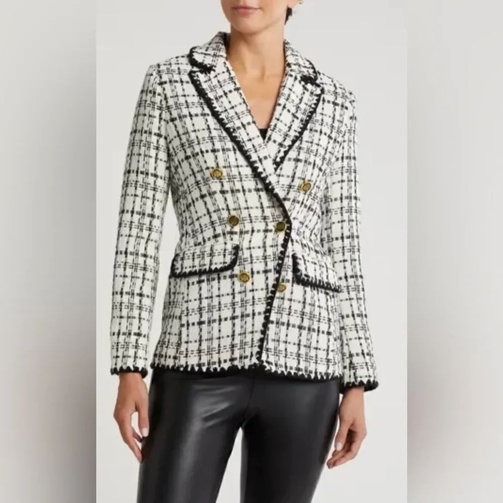 LAUNDRY XL Marshmallow White Black Plaid Double Breasted Tweed Blazer